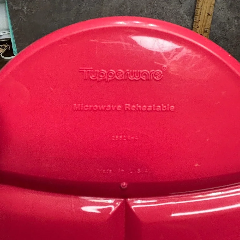 Vintage Tupperware Divided Food Storage Set Round Red Rectangular Gold 2pc Lot